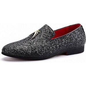 Santimon Mens US 6 Black Metal Tassels Glitter Sequin Slip On Loafers Shoes